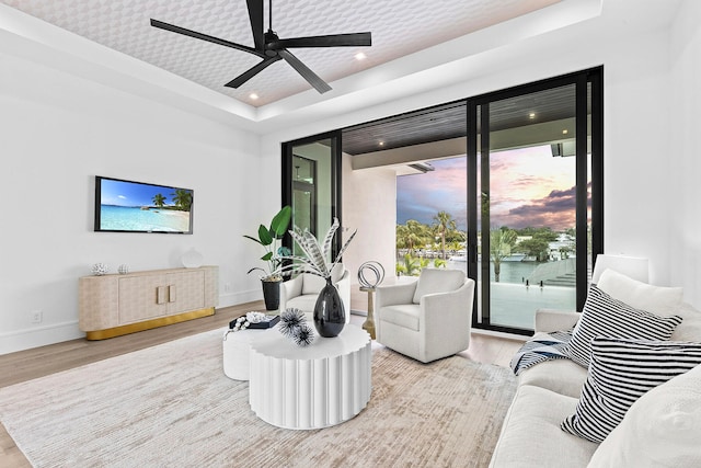 living room featuring light hardwood / wood-style floors, a healthy amount of sunlight, and a tray ceiling