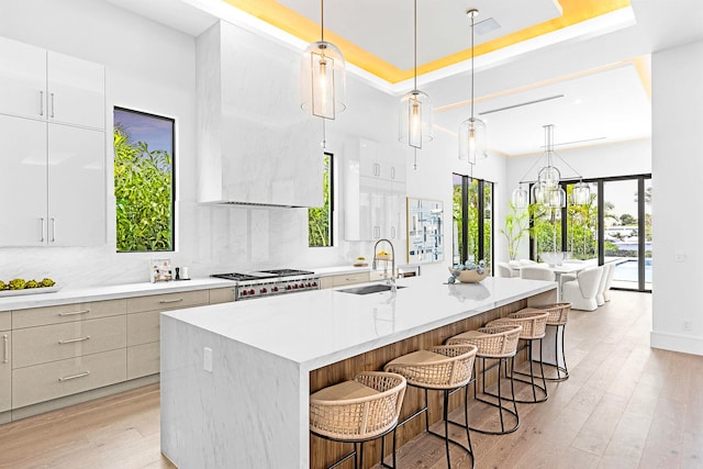 kitchen featuring a wealth of natural light, a center island with sink, sink, and light wood-type flooring