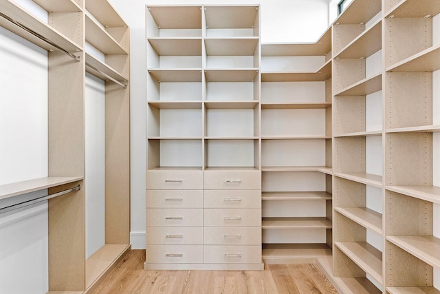 walk in closet with light hardwood / wood-style flooring