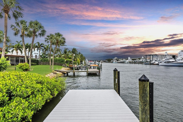 dock area with a water view and a lawn