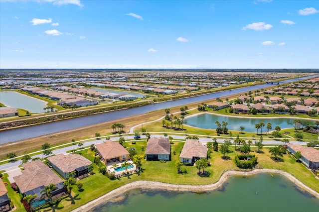 drone / aerial view featuring a water view