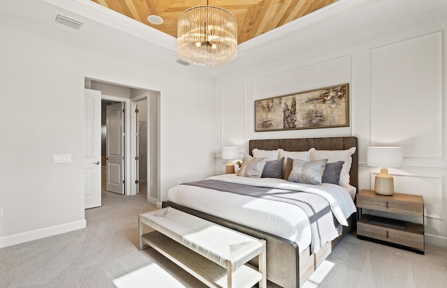 bedroom with a tray ceiling, a notable chandelier, carpet flooring, and wooden ceiling