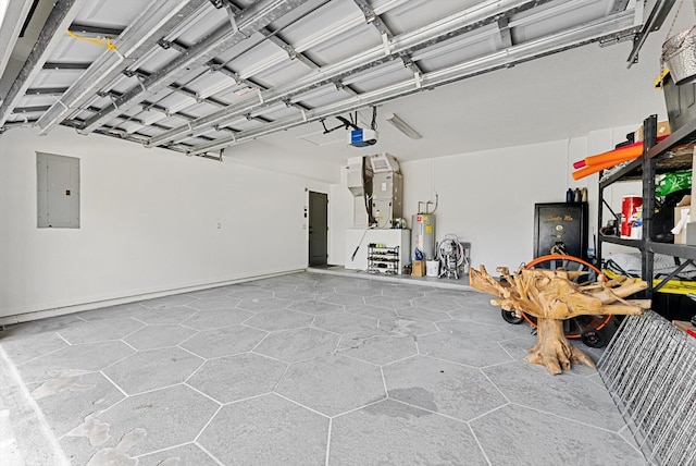 garage with electric panel, water heater, and a garage door opener