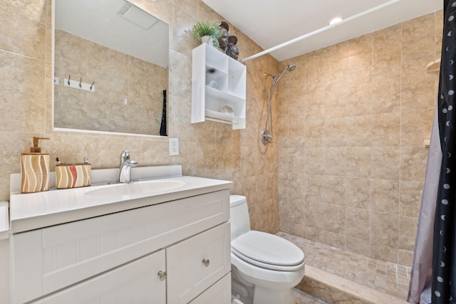 bathroom with tile walls, vanity, and toilet