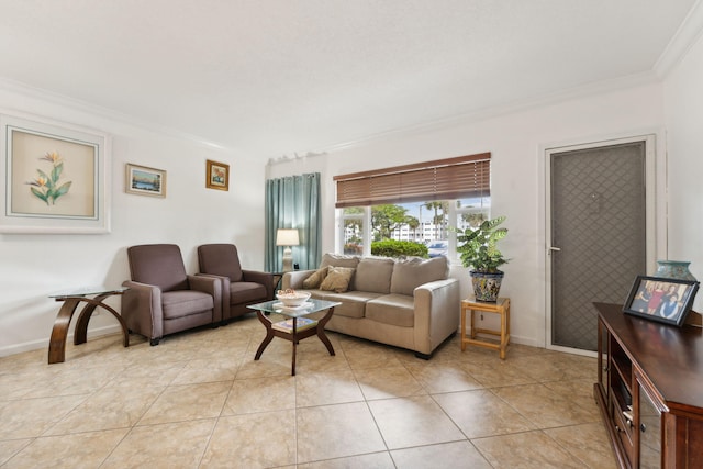 living room with light tile patterned flooring and ornamental molding