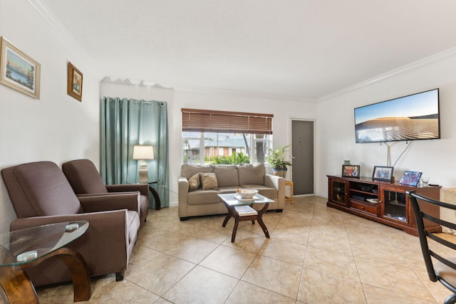 living room with ornamental molding and light tile patterned floors