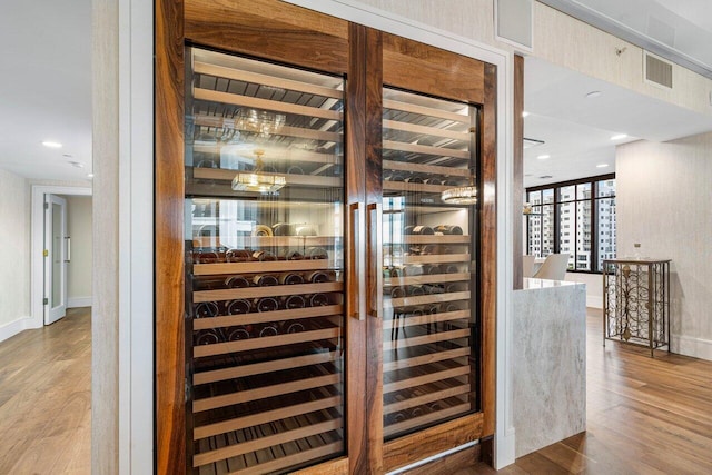 wine cellar featuring wood-type flooring