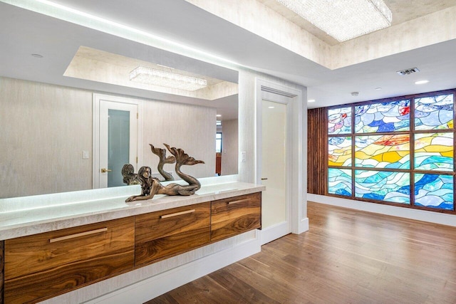 bathroom with hardwood / wood-style floors, vanity, and a wealth of natural light