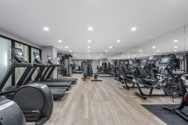 workout area with light hardwood / wood-style floors