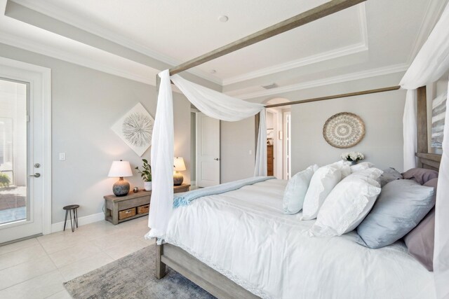 bedroom featuring tile patterned flooring and ornamental molding