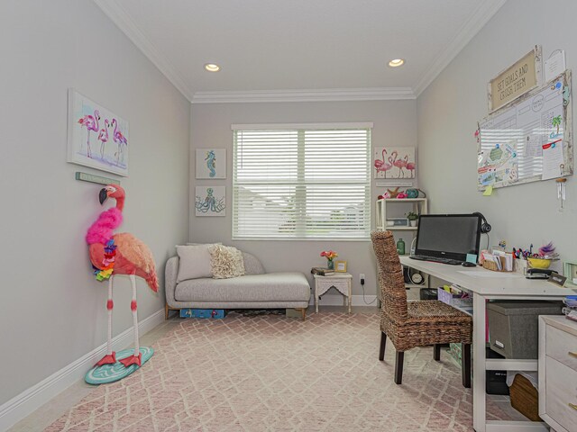 office area featuring crown molding