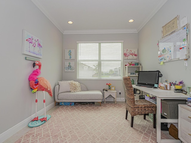 carpeted home office featuring recessed lighting, baseboards, and crown molding