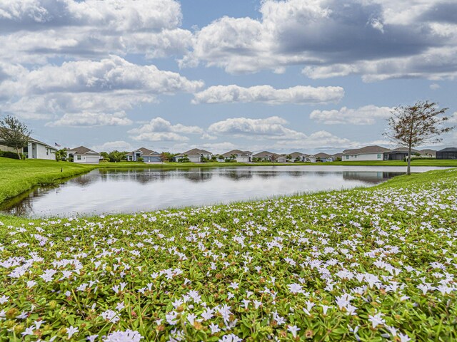 birds eye view of property with a water view