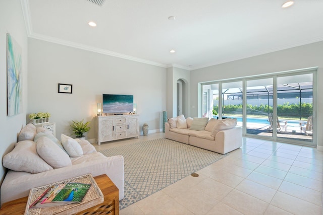 tiled living room featuring recessed lighting, baseboards, ornamental molding, and a sunroom