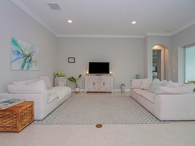 tiled living room with ornamental molding