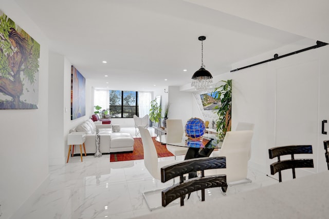 living room with a barn door