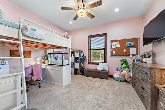 carpeted bedroom featuring ceiling fan