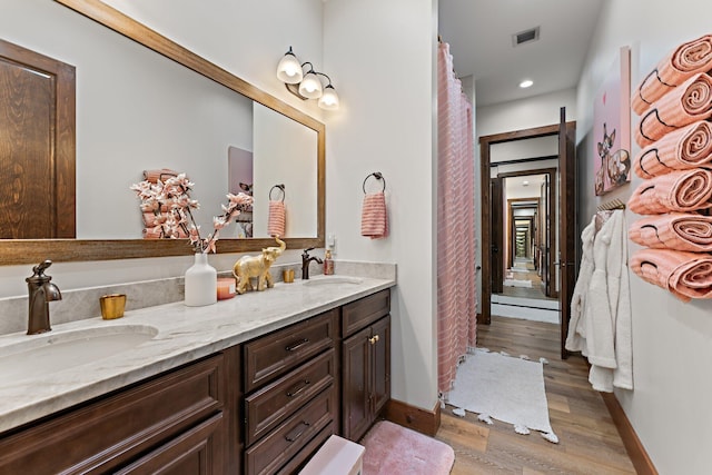 bathroom featuring hardwood / wood-style floors and vanity