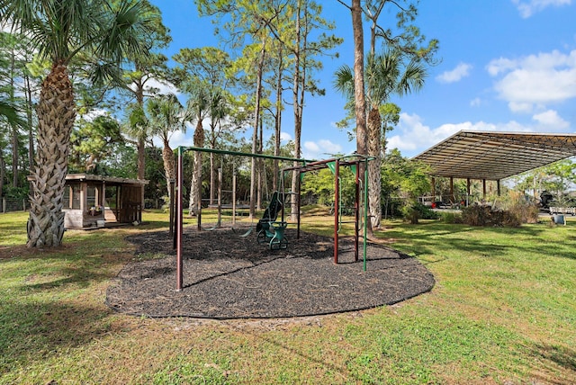 view of playground featuring a lawn