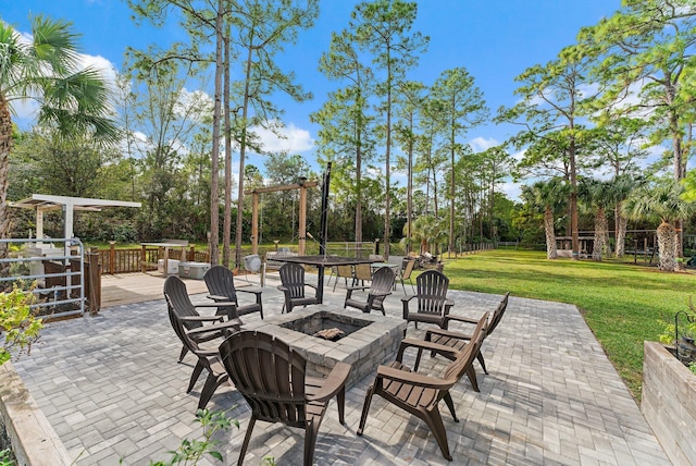 view of patio / terrace with a fire pit