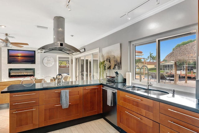 kitchen featuring sink, stainless steel dishwasher, kitchen peninsula, island exhaust hood, and a fireplace