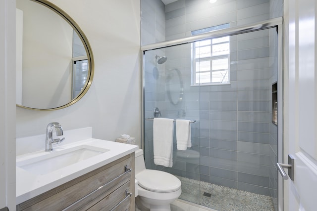 bathroom featuring vanity, toilet, and walk in shower