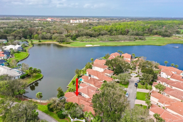 drone / aerial view featuring a water view