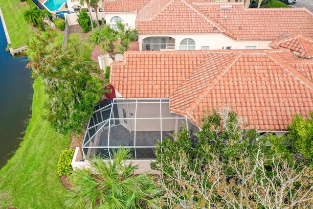 aerial view featuring a water view