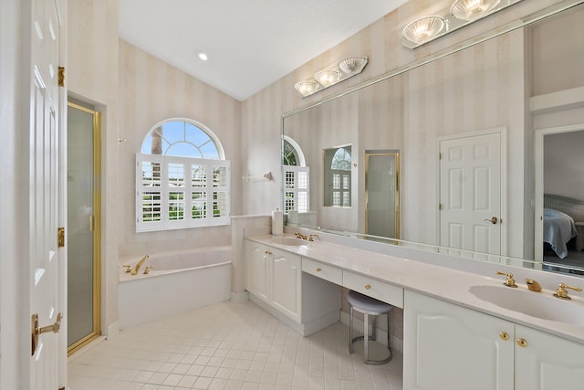 bathroom with vanity, tile patterned flooring, and separate shower and tub