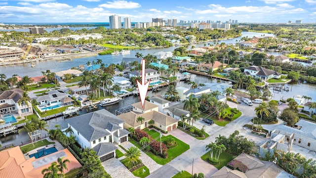 drone / aerial view with a water view