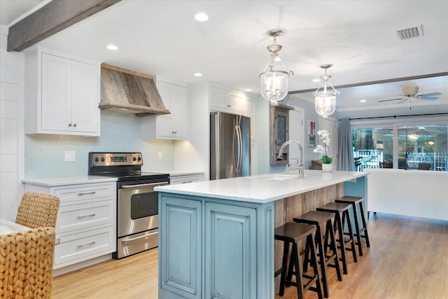 kitchen featuring stainless steel appliances, custom range hood, white cabinets, and an island with sink