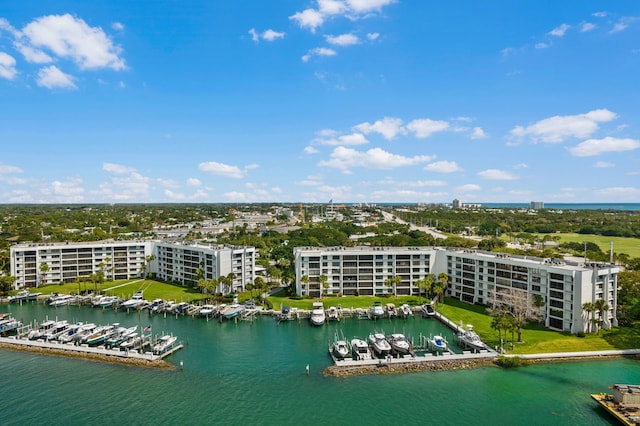 drone / aerial view with a water view