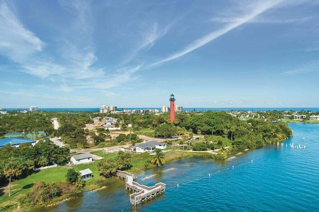 aerial view featuring a water view