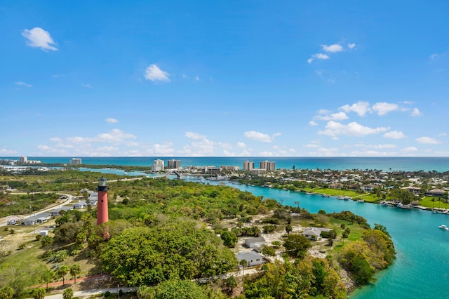 drone / aerial view featuring a water view