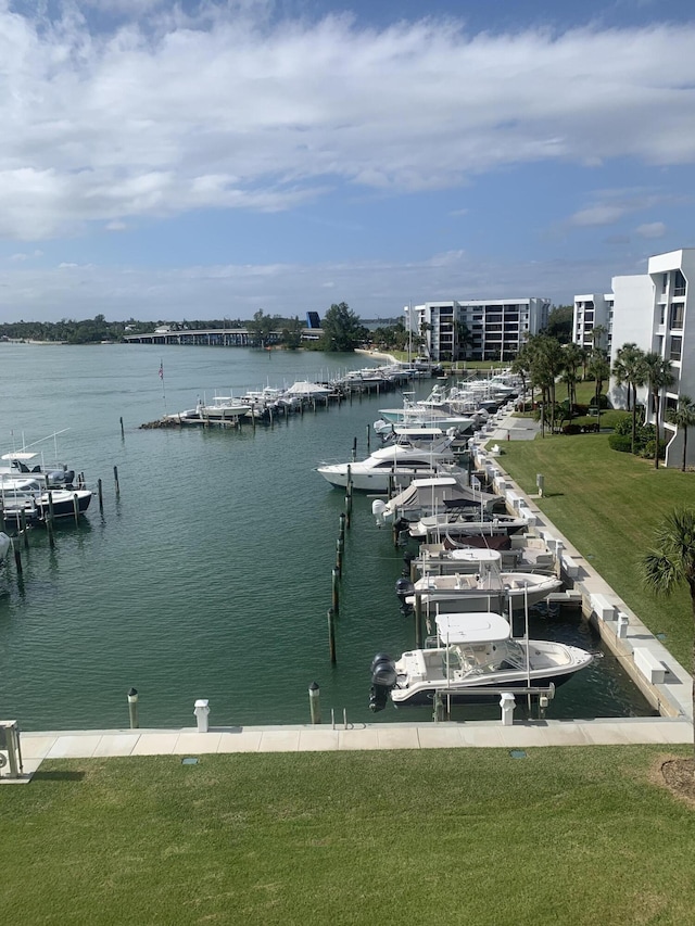 property view of water with a dock