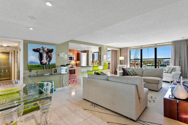 tiled living room with a textured ceiling