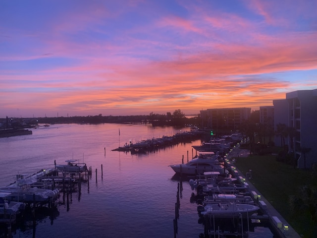 property view of water with a dock