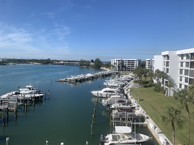 view of water feature with a dock