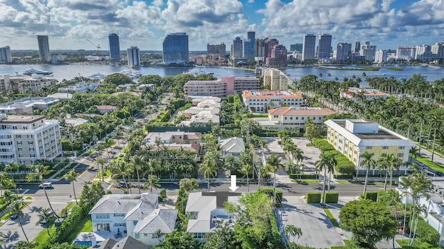 drone / aerial view with a water view