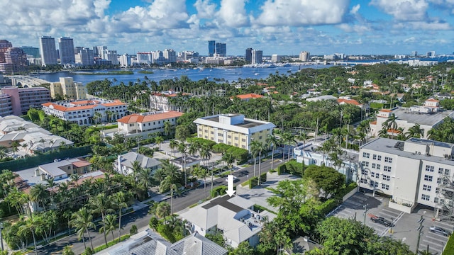 aerial view featuring a water view