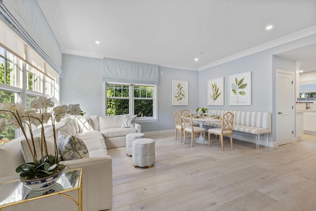 living room featuring light hardwood / wood-style flooring and ornamental molding