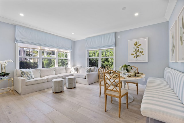 living room with crown molding and light hardwood / wood-style flooring