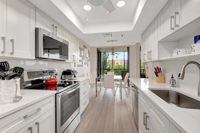 kitchen featuring white cabinets, stainless steel appliances, a tray ceiling, and sink