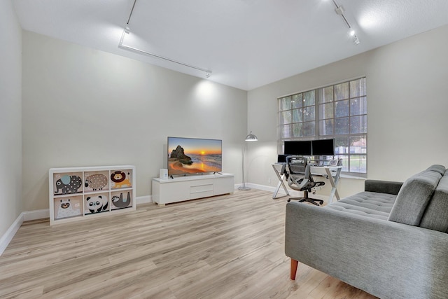 living room featuring light wood-type flooring and track lighting