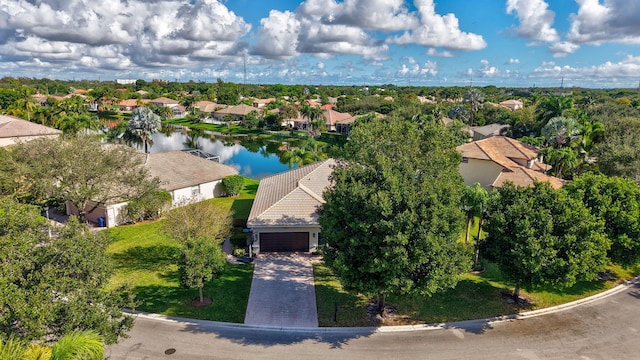 aerial view featuring a water view