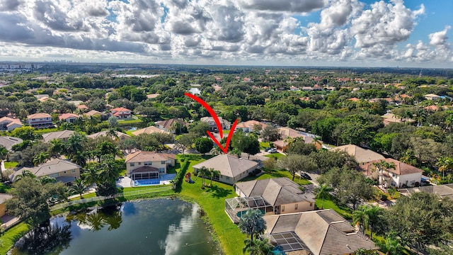 drone / aerial view featuring a water view