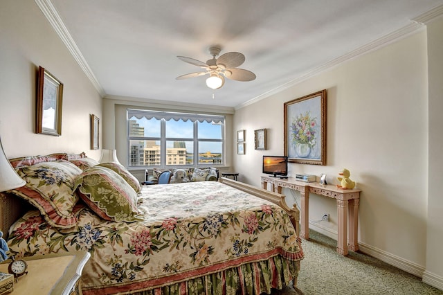 bedroom featuring ceiling fan, light carpet, and ornamental molding