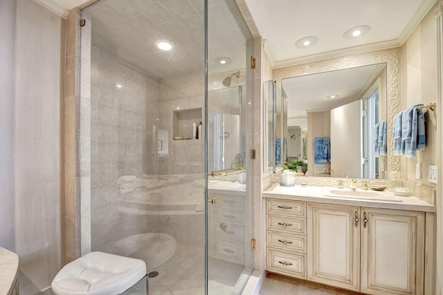 bathroom with tile patterned flooring, vanity, and a shower with shower door