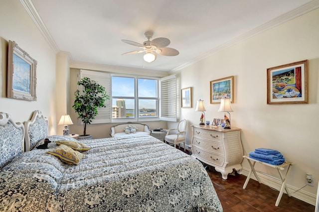 bedroom with ceiling fan, ornamental molding, and dark parquet floors