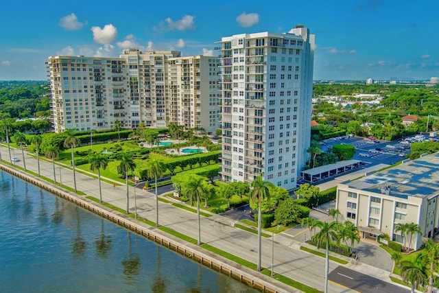 view of building exterior featuring a water view